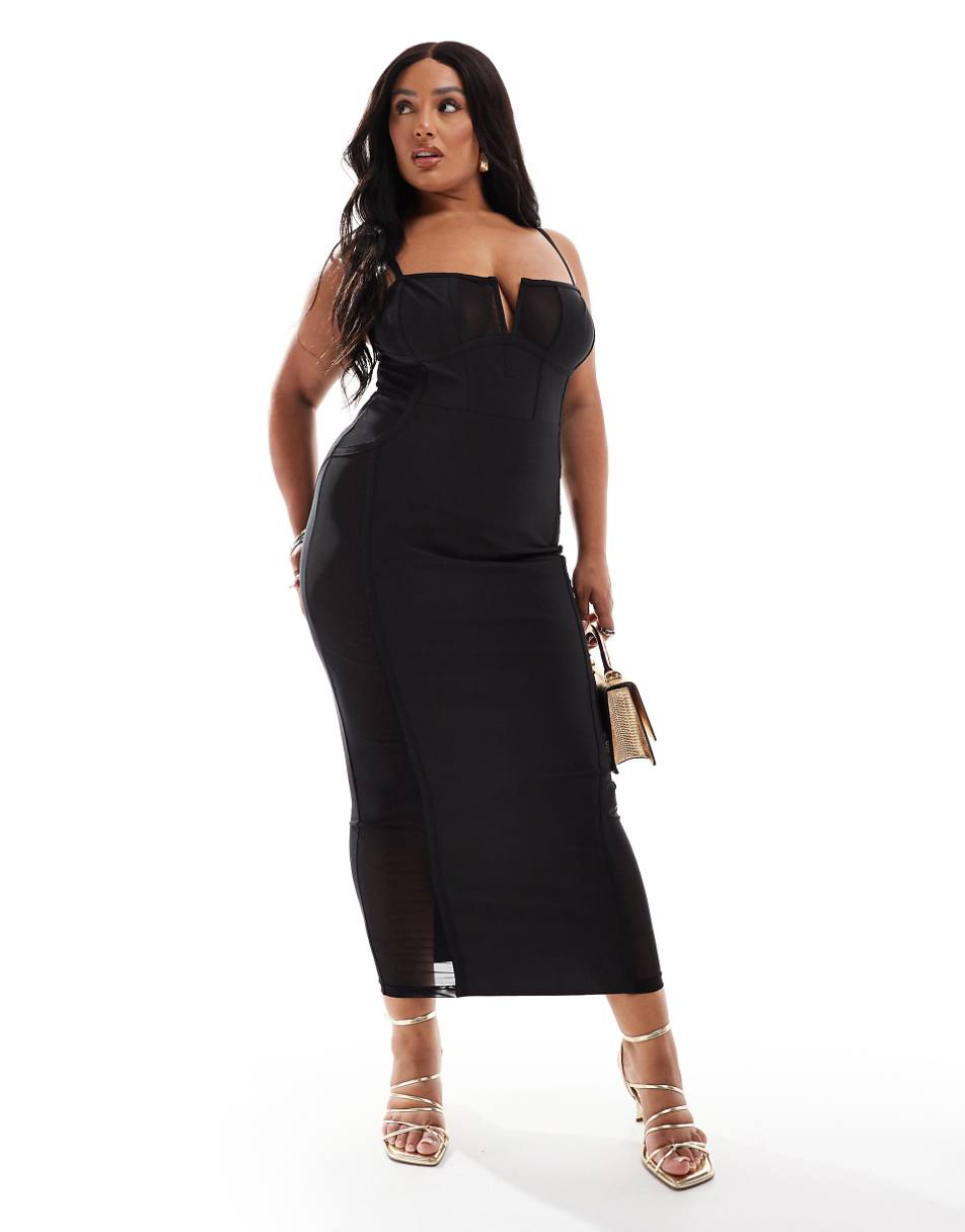 ASOS DESIGN Curve sheer paneled midi bandage dress in black