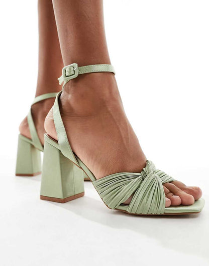 Be Mine Wide Fit Bridal Snuggle plisse block heel sandals in sage