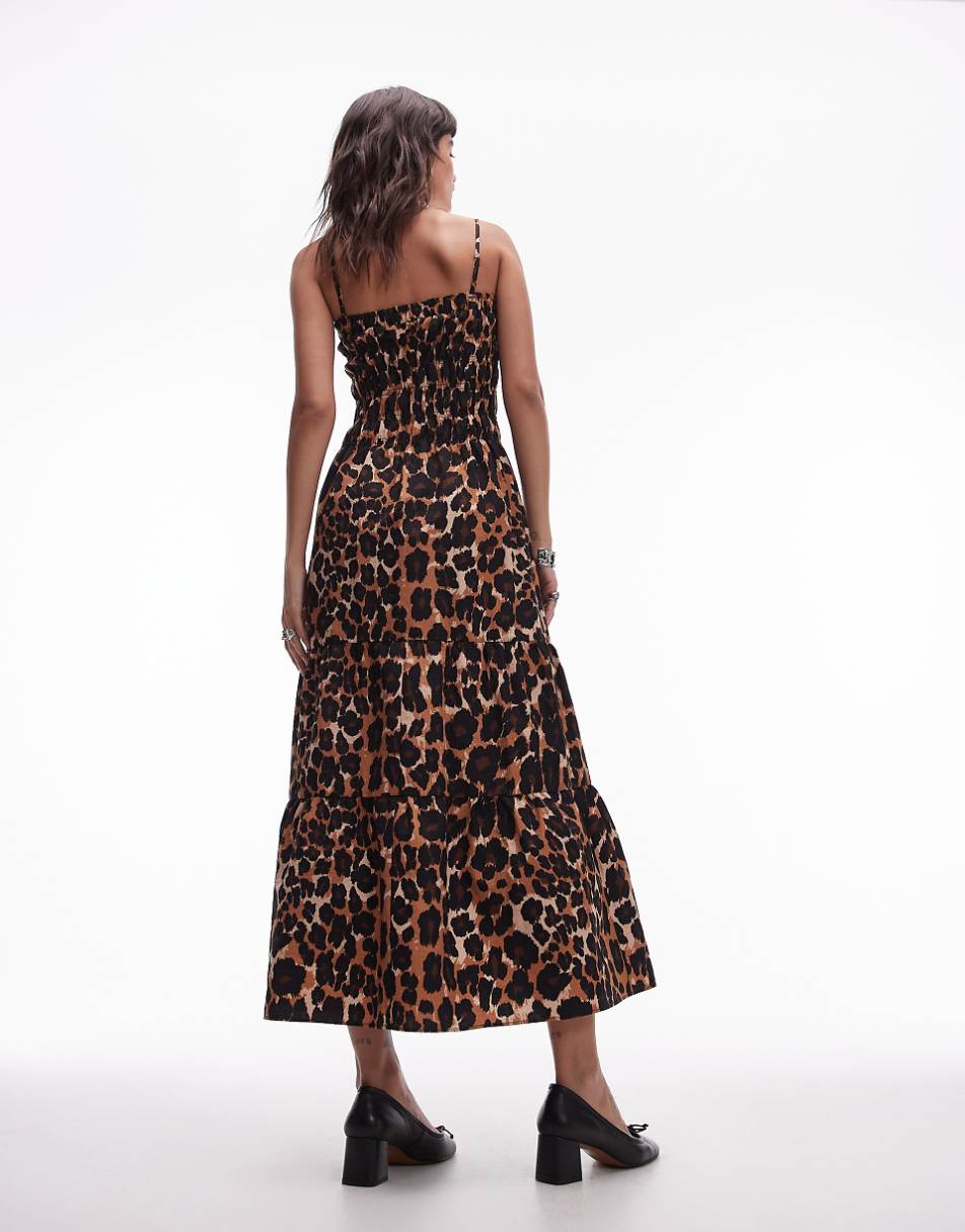 Topshop shirred midi dress in animal print