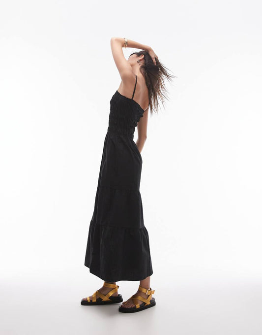 Topshop shirred midi dress in black