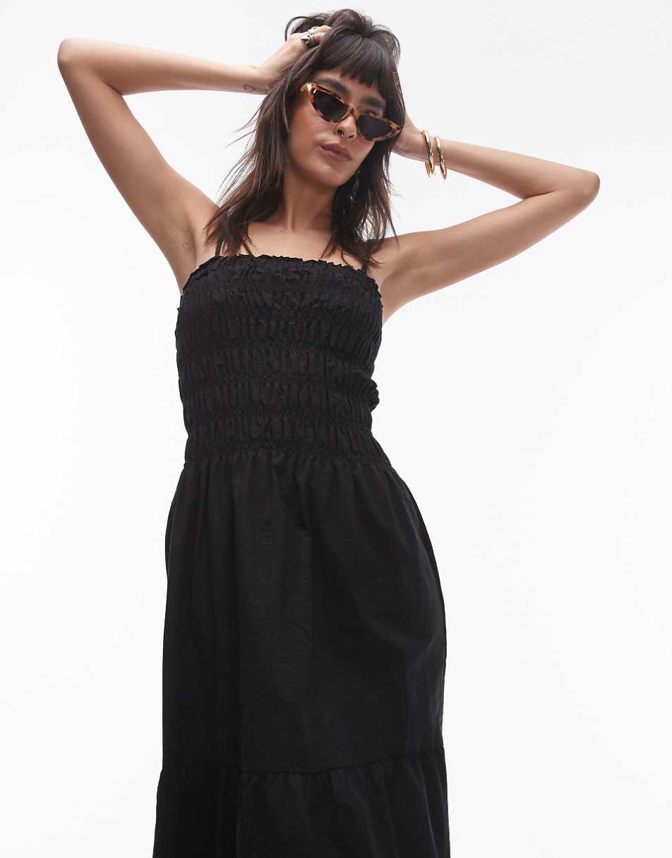 Topshop shirred midi dress in black