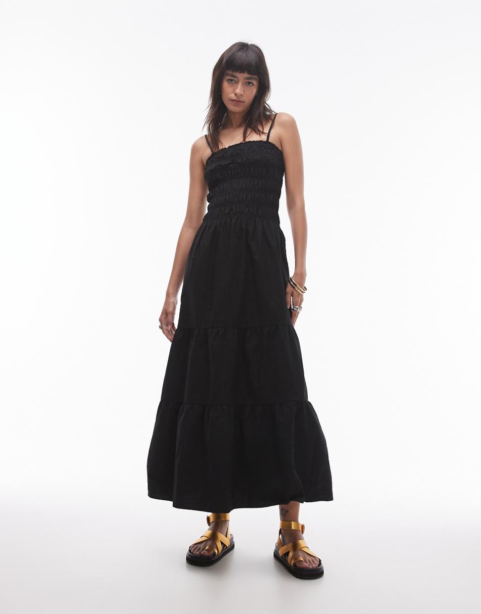 Topshop shirred midi dress in black