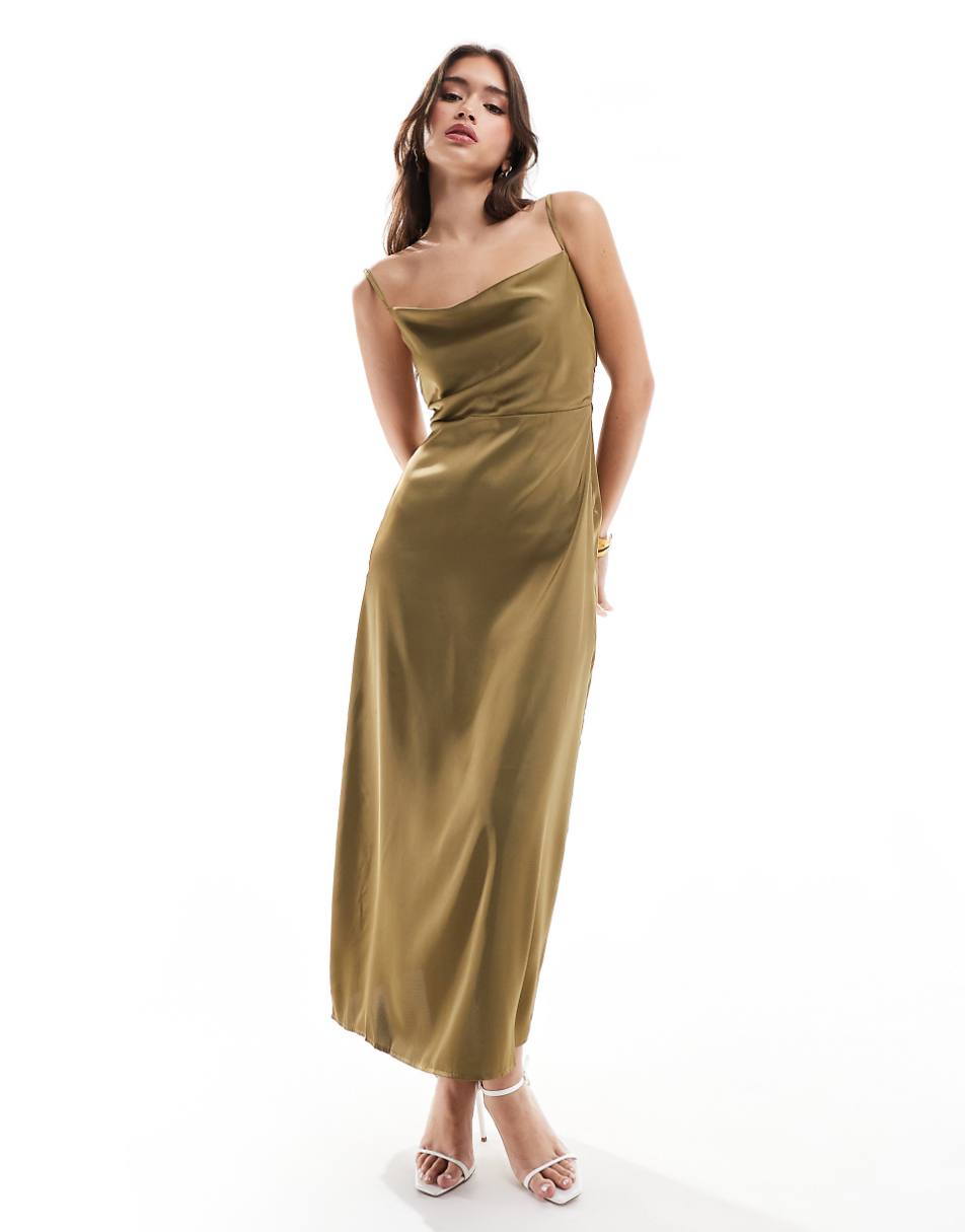 Vila Bridesmaid satin cowl neck cami maxi dress in olive green