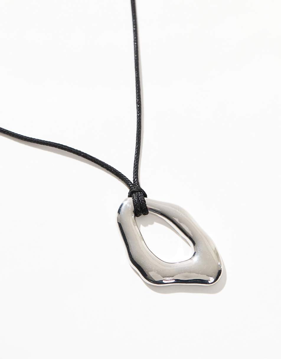 ASOS DESIGN necklace with cord and molten pendant in silver tone