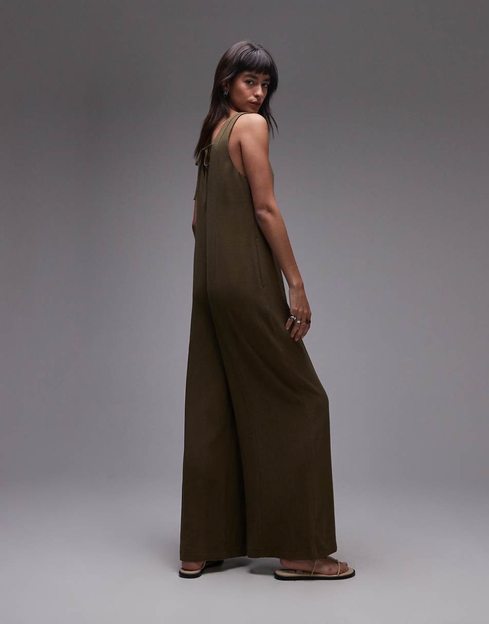 Topshop V neck bermuda jumpsuit in khaki