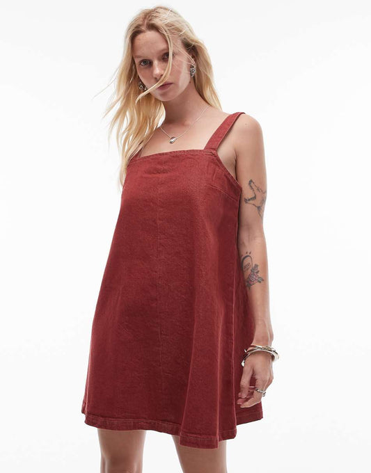 Topshop denim boxy cami dress in red