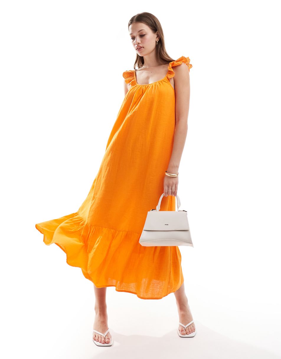 YAS scoop neck eyelet sleeve maxi dress in orange