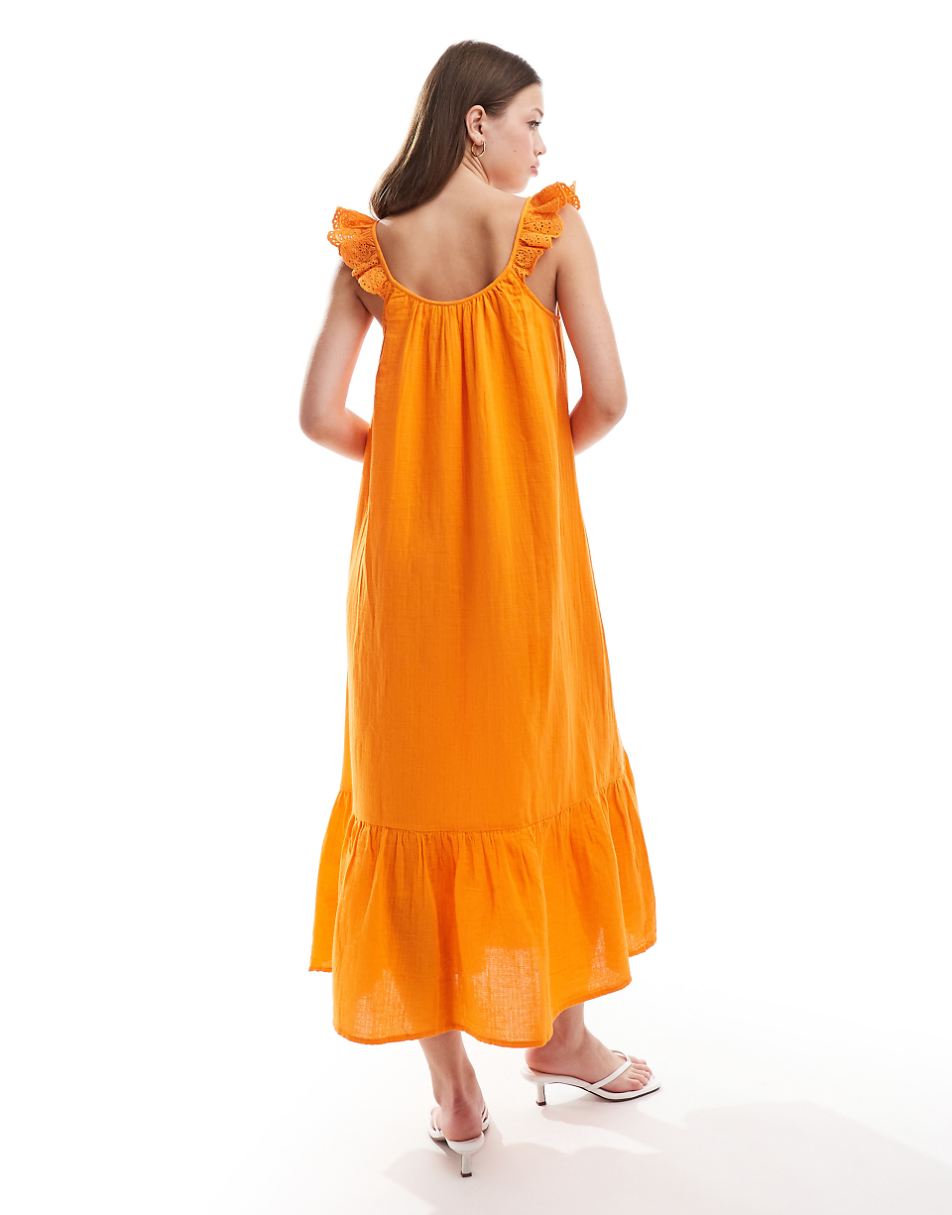 YAS scoop neck eyelet sleeve maxi dress in orange