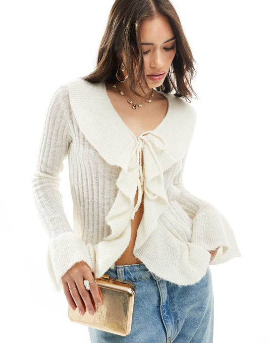 YAS frill detail tie front cardigan in cream