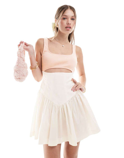 ASOS DESIGN corset waist jersey bodice mini dress in pink and buttercream