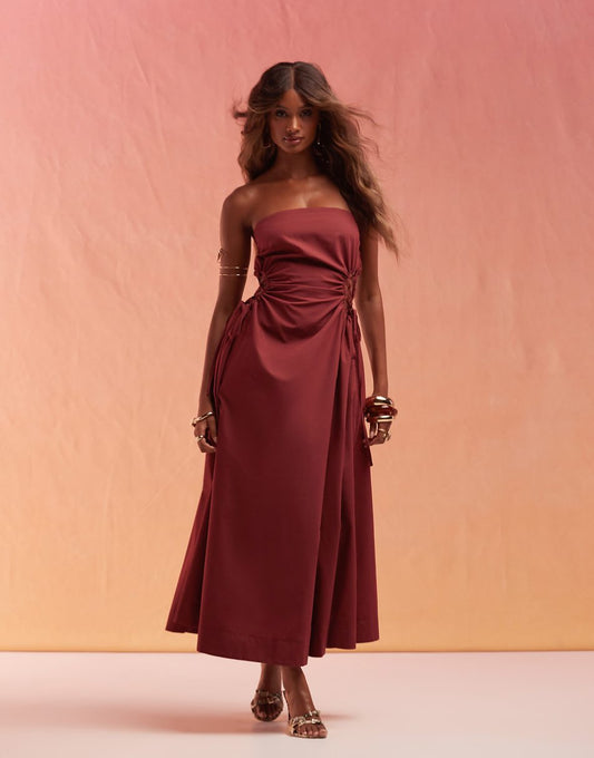 ASOS DESIGN bandeau midi dress with lattice detail waist in burgundy