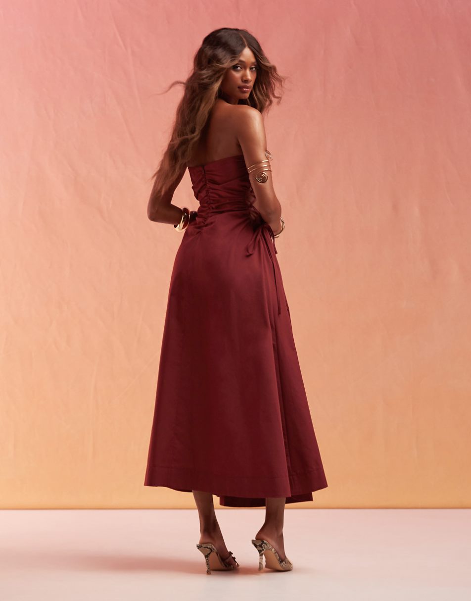 ASOS DESIGN bandeau midi dress with lattice detail waist in burgundy