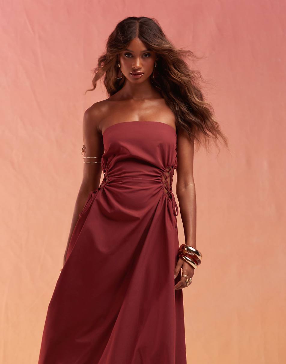 ASOS DESIGN bandeau midi dress with lattice detail waist in burgundy