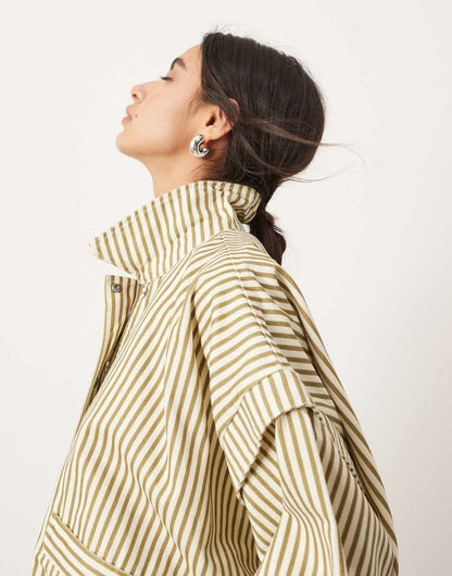 ASOS EDITION denim bomber jacket with collar in green and white stripe