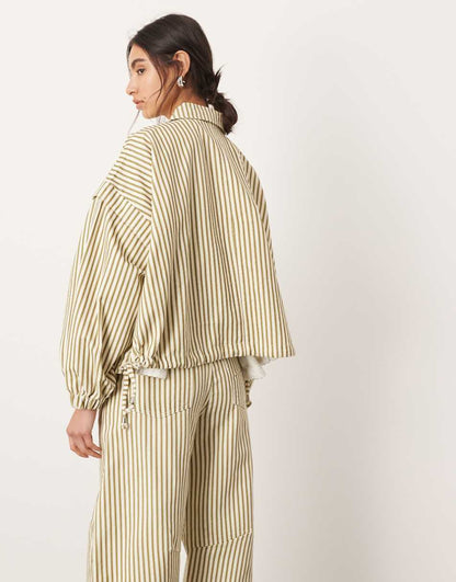 ASOS EDITION denim bomber jacket with collar in green and white stripe