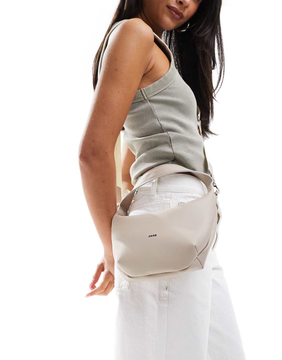 PASQ crescent shoulder bag with detachable crossbody strap in taupe