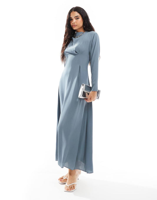 ASOS DESIGN long sleeve cowl detail pleat waist maxi dress in demin blue