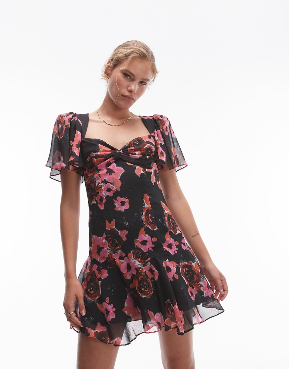 Topshop twist mini tea dress in black and pink floral