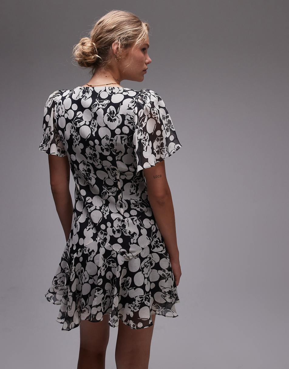 Topshop twist mini tea dress in mono bubble floral