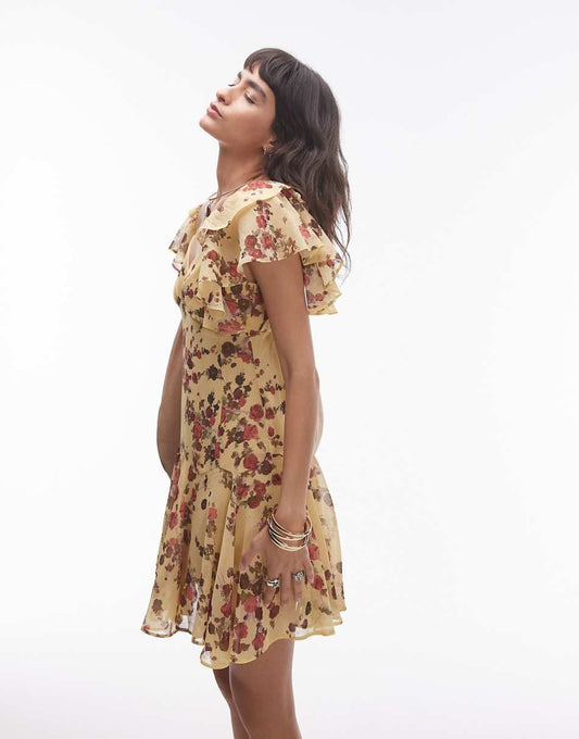 Topshop ruffle mini tea dress in yellow and pink ditsy floral print