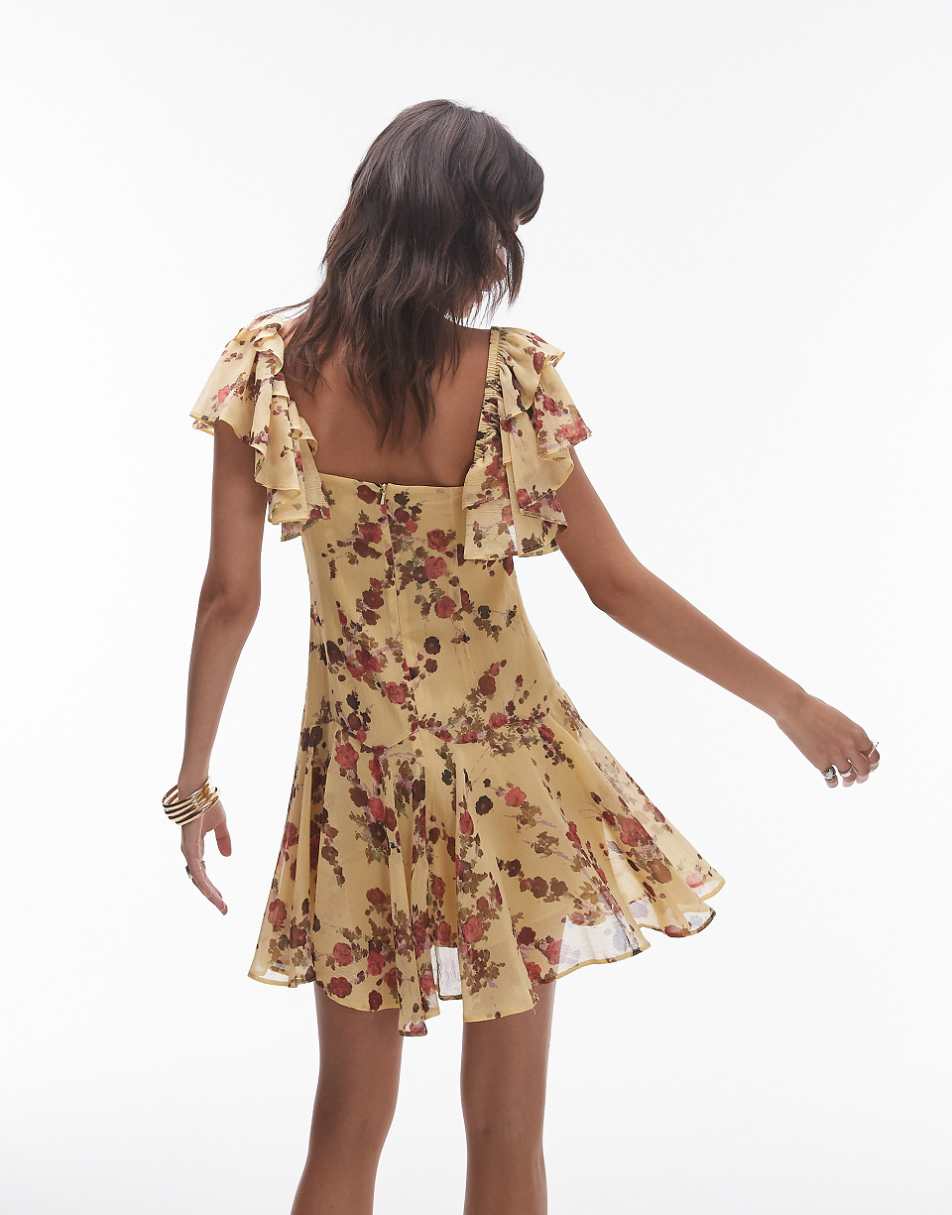 Topshop ruffle mini tea dress in yellow and pink ditsy floral print