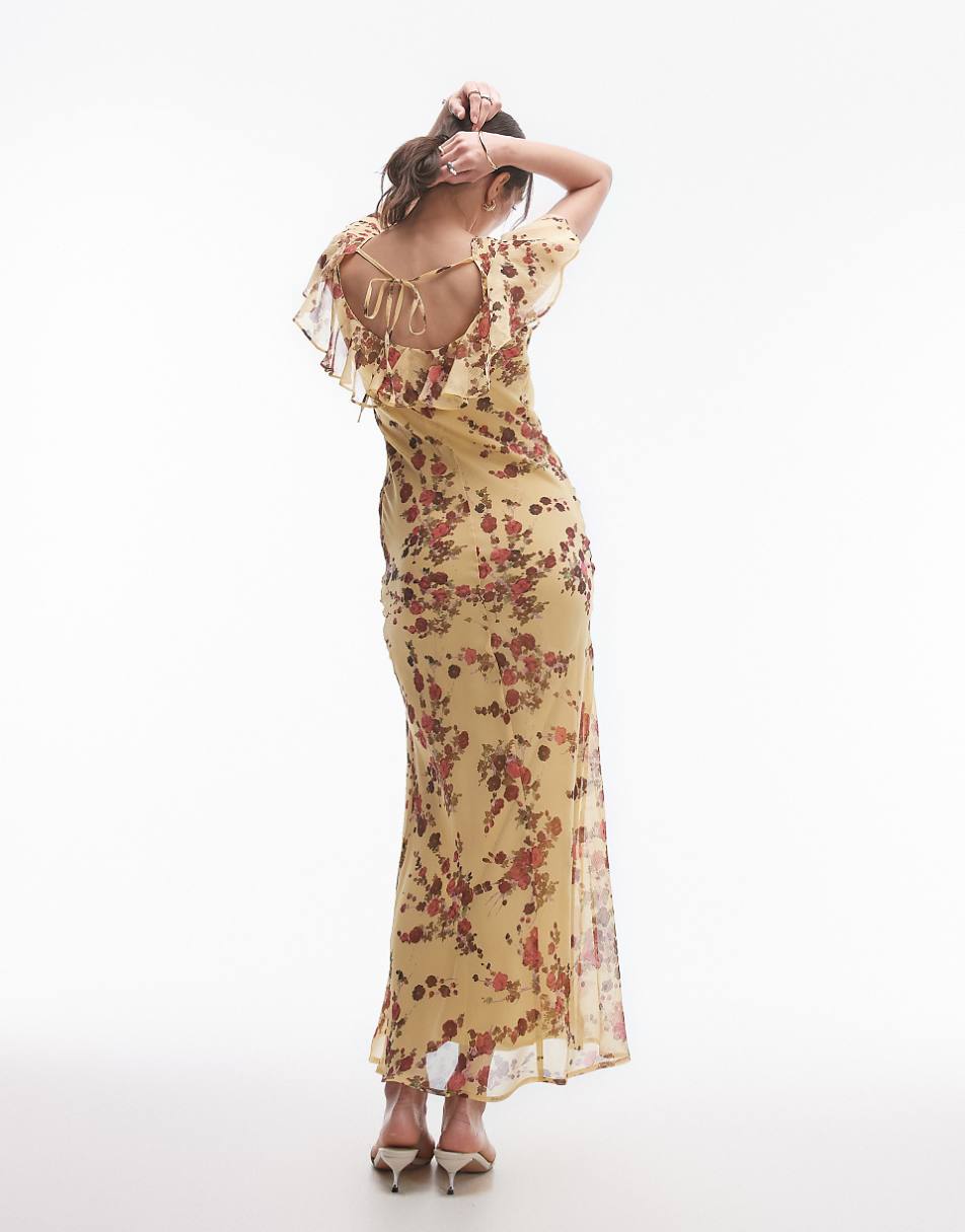 Topshop flutter sleeve occasion maxi dress in yellow floral