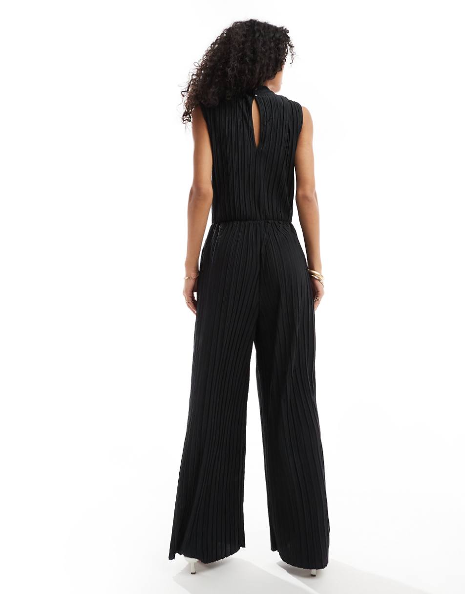 Vero Moda high neck sleeveless plisse jumpsuit in black