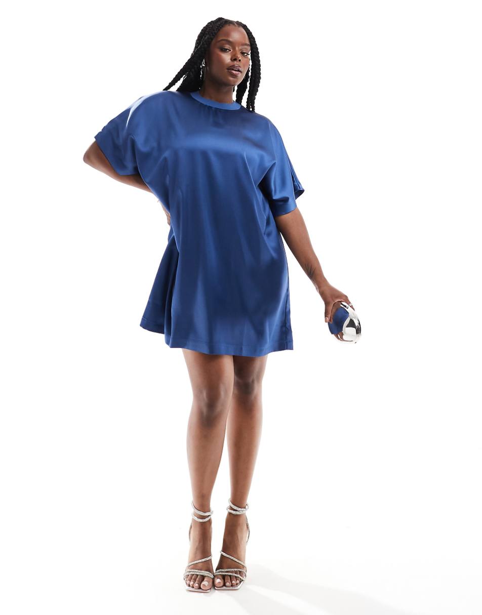 ASOS DESIGN Curve satin oversized mini tshirt dress in steel blue