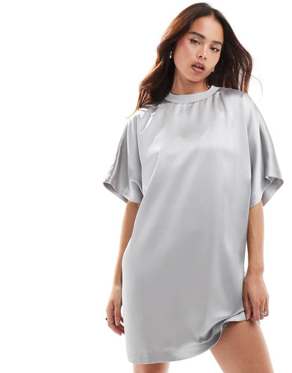 ASOS DESIGN satin oversized mini tshirt dress in silver