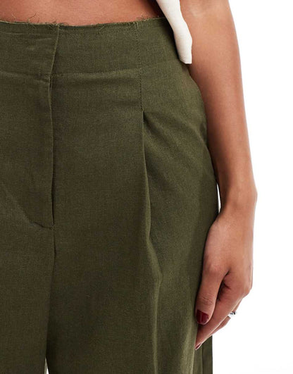 ASOS DESIGN raw edge barrel leg tailored pant with linen in khaki