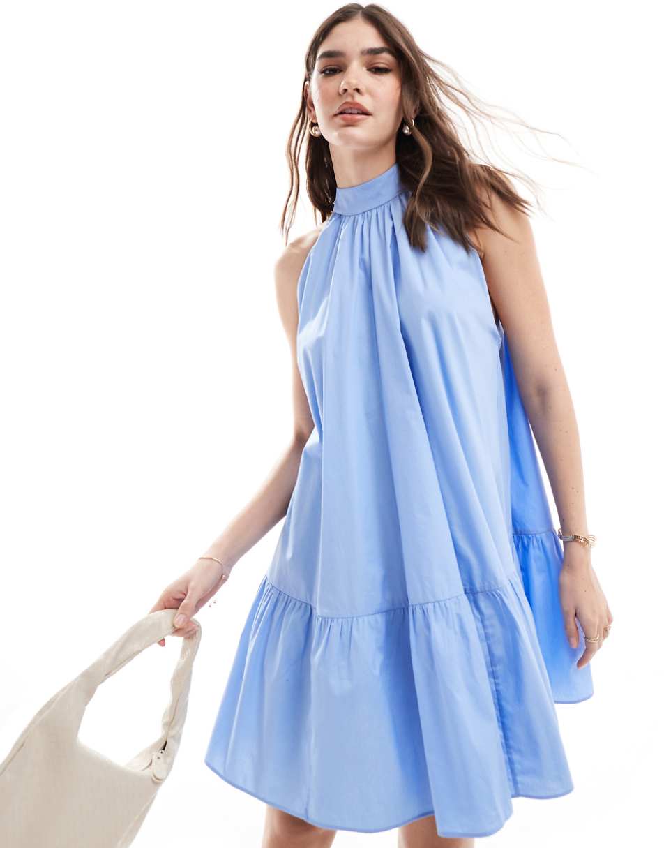 & Other Stories sleeveless mini dress with tiered hem and back bow tie in blue