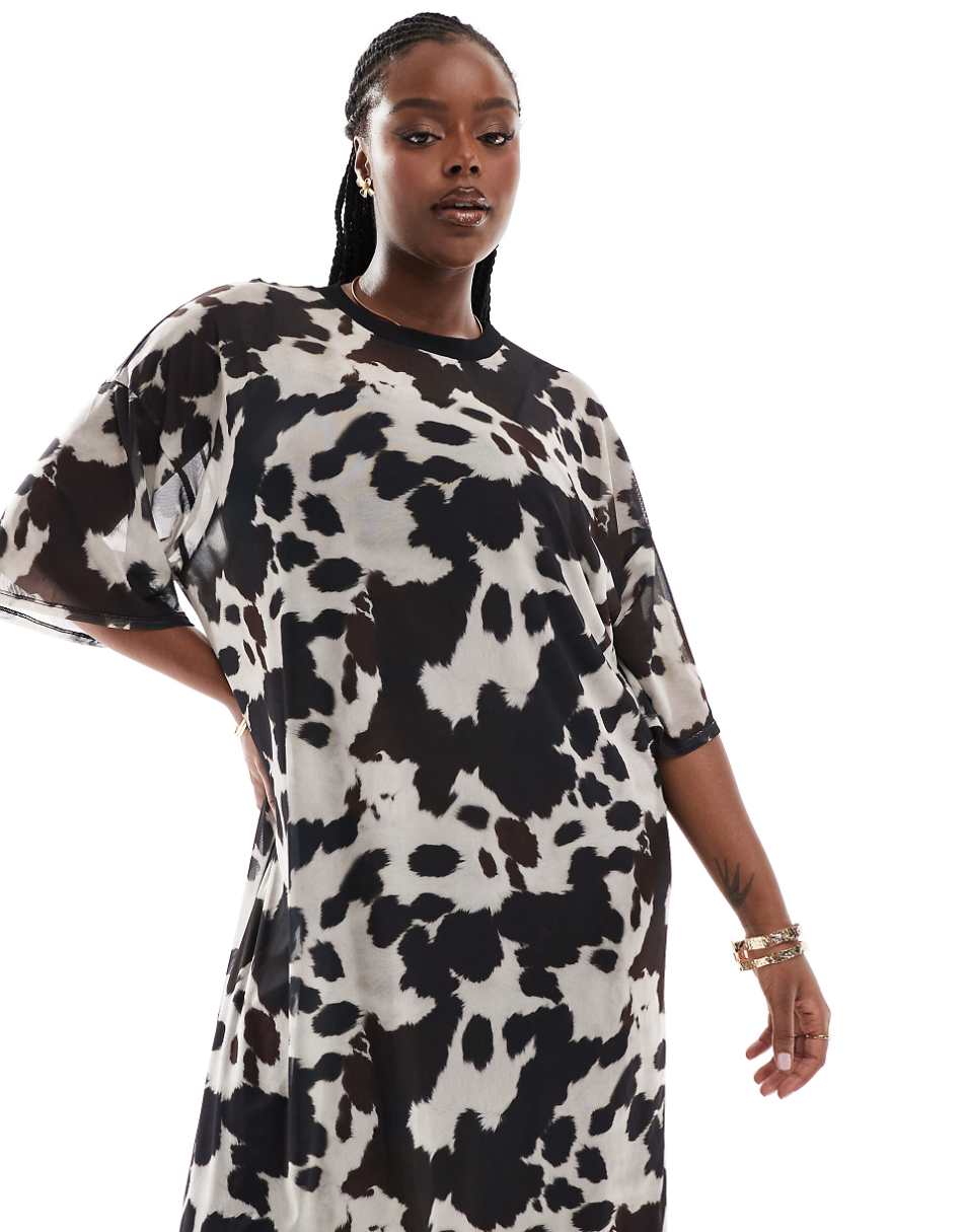 ASOS DESIGN Curve mesh t shirt midaxi dress in cow print