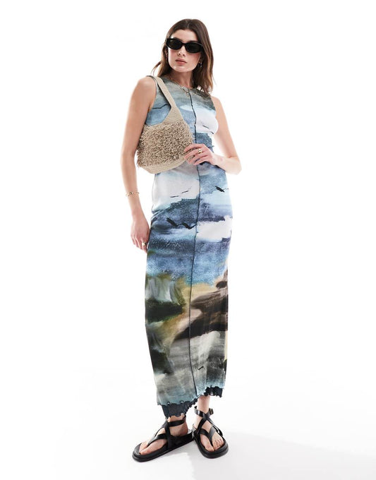 ASOS DESIGN built up mesh maxi dress with lettuce edging in landscape print