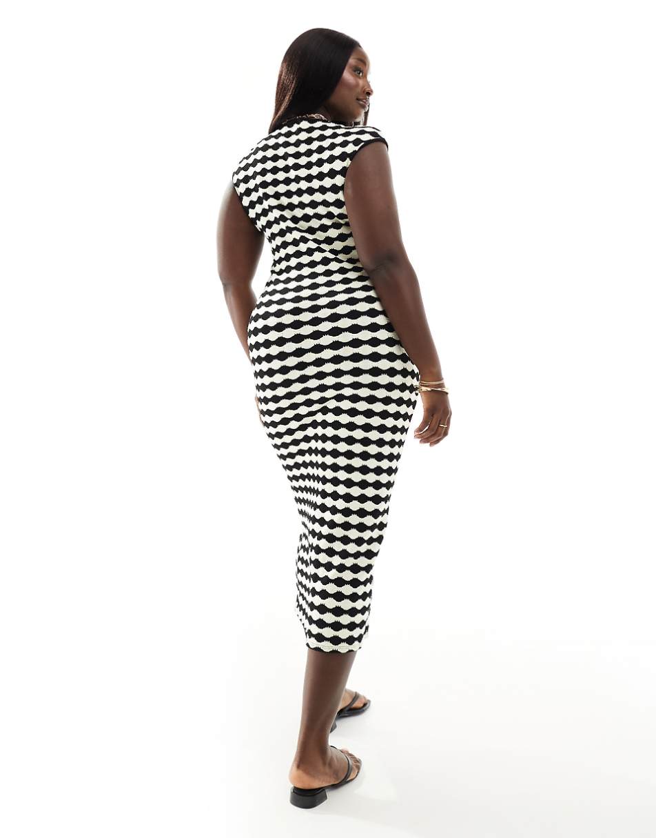 ASOS DESIGN Curve crochet stripe midi dress with grown on sleeves in black and white