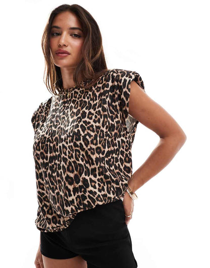 ASOS DESIGN shoulder pad tank top in leopard