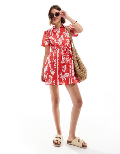 Mango printed mini shirt dress in red