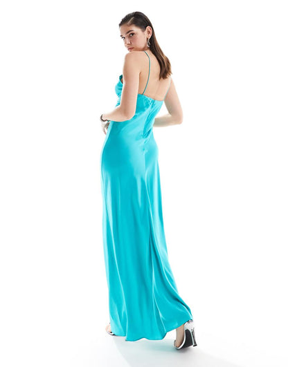 Mango satin halterneck maxi dress in light blue