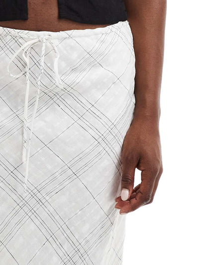 Mango lightweight linen mix plaid skirt in white