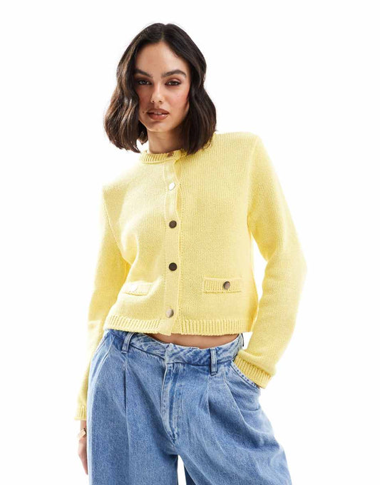 ASOS DESIGN crew neck cardigan with pocket detail in yellow