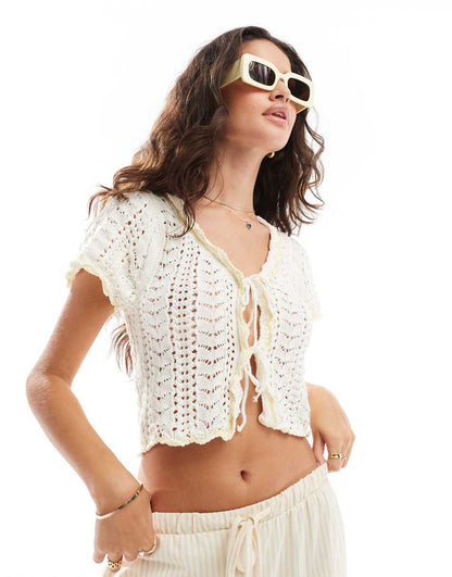ASOS DESIGN pointelle cardi with tie front in soft yellow