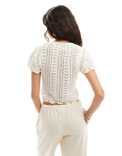 ASOS DESIGN pointelle cardi with tie front in soft yellow