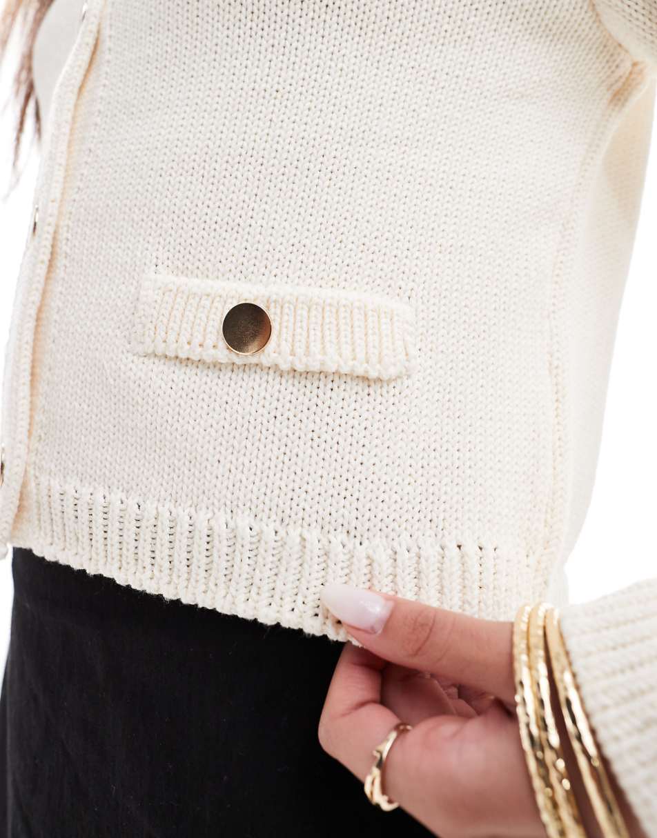 ASOS DESIGN crew neck cardigan with pocket detail in cream