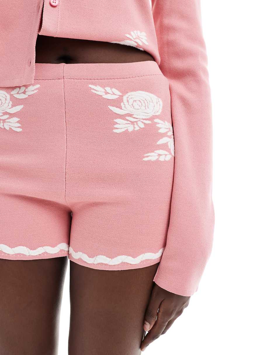 ASOS DESIGN knit shorts with floral jacquard pattern in Dusty Pink - part of a set