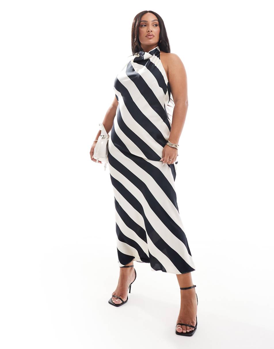 ASOS DESIGN Curve high neck cowl midi dress in bold mono stripe