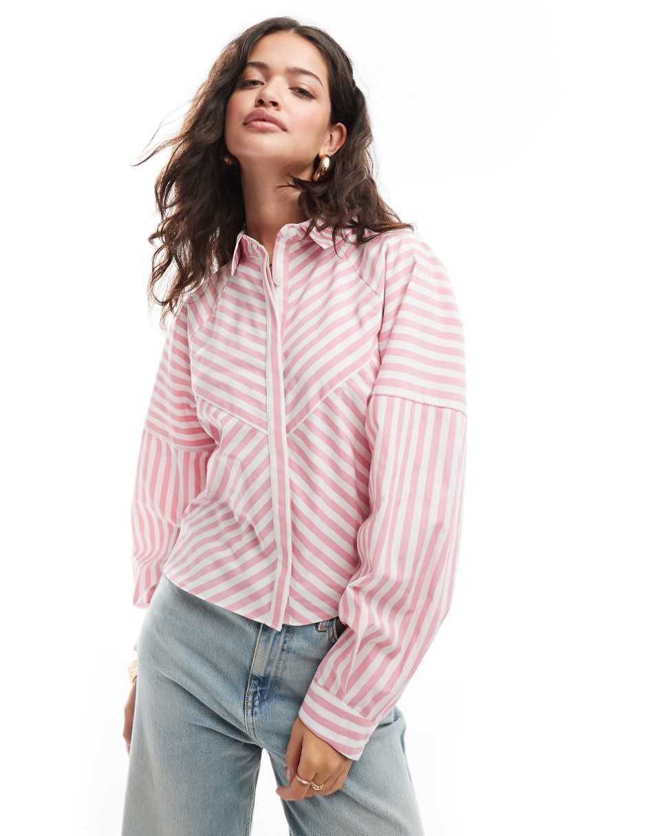 ASOS DESIGN spliced detail volume shoulder shirt in pink stripe