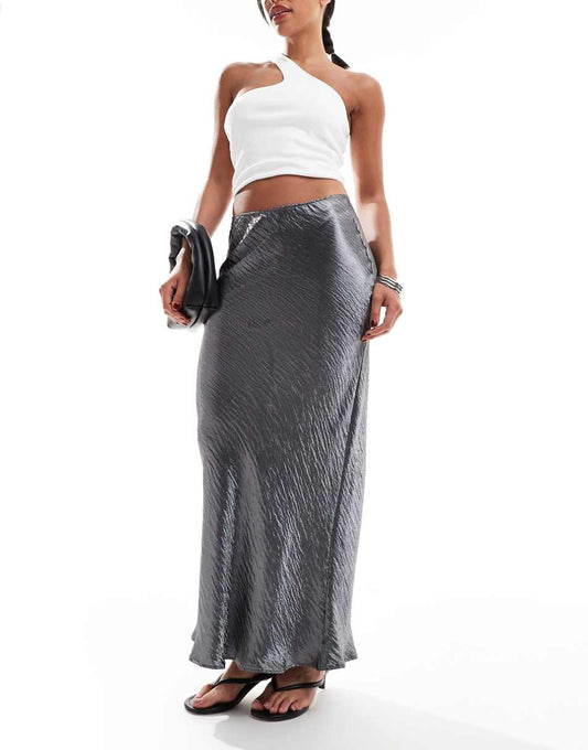 ASOS DESIGN high shine satin bias maxi skirt in gray