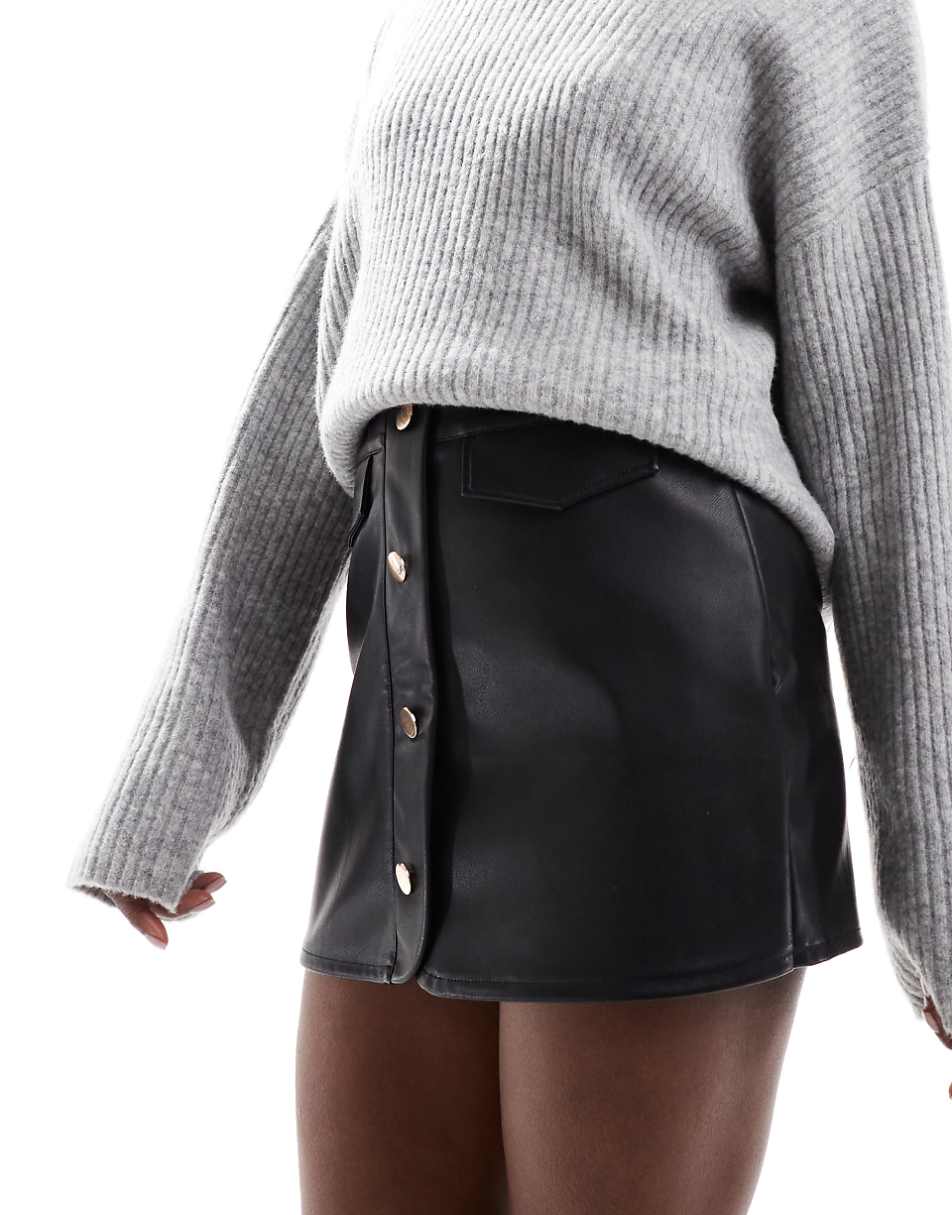 ASOS DESIGN button front pocket detail leather look skort in black