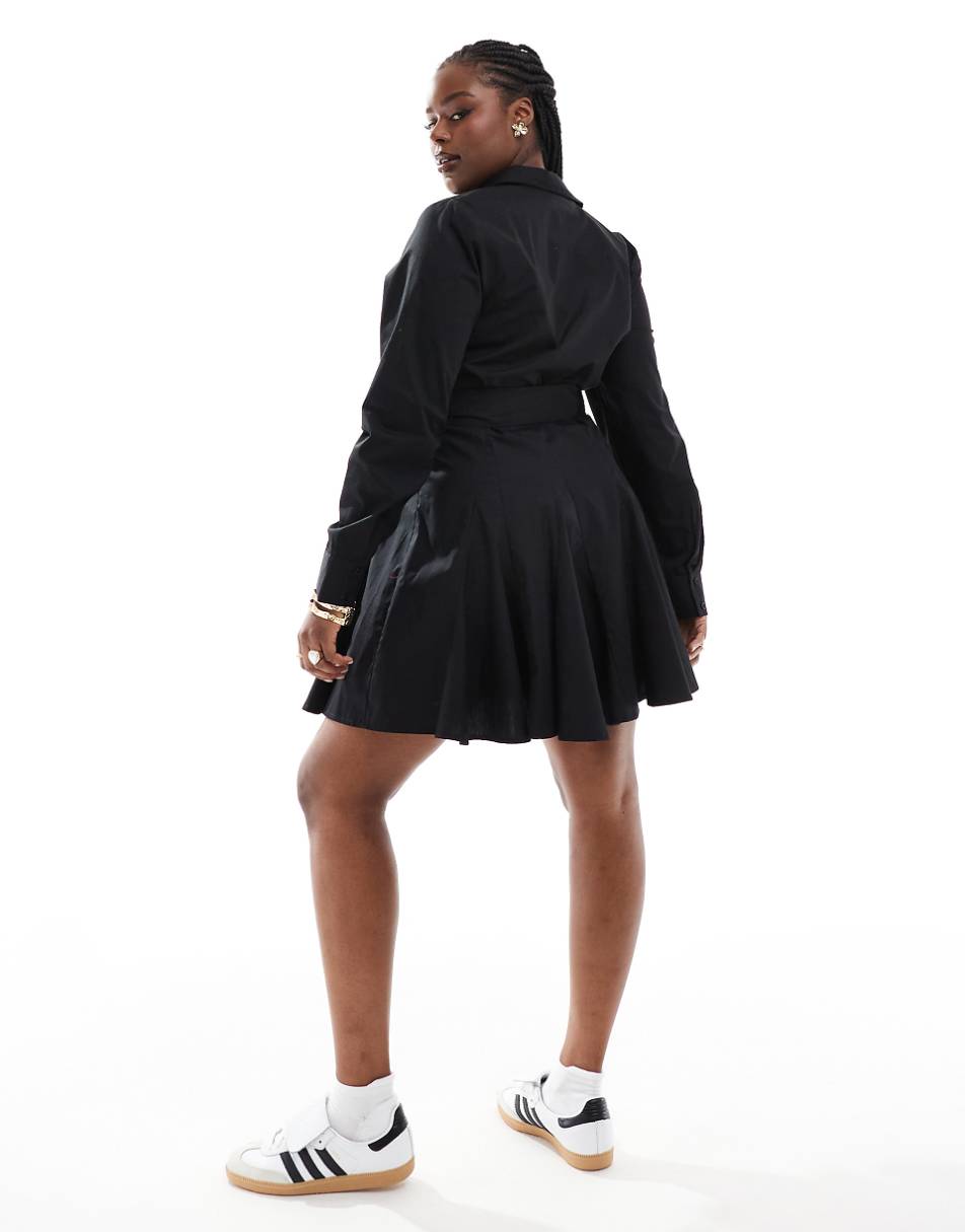 ASOS DESIGN Curve flare pleated mini shirt dress in black