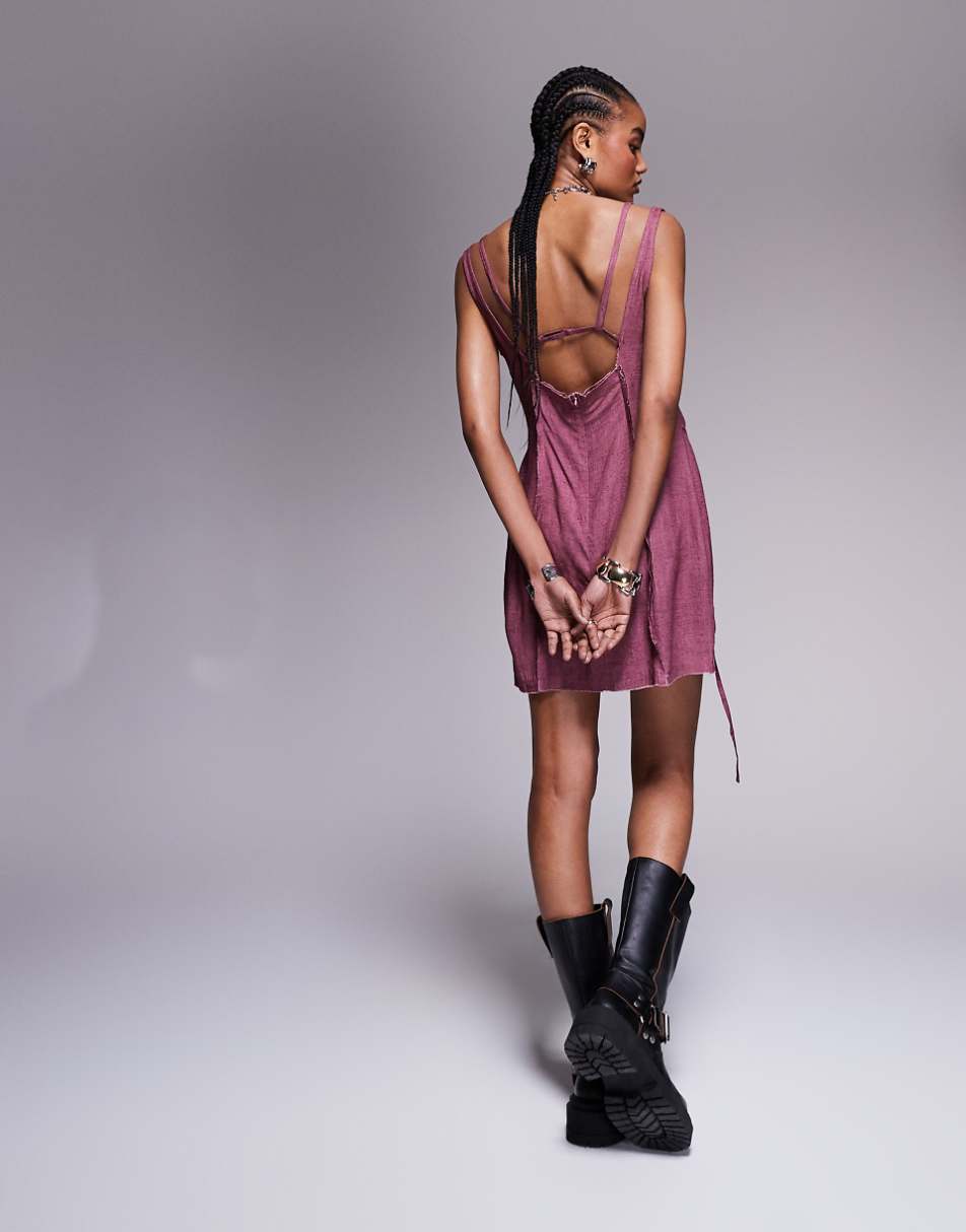 ASOS DESIGN exposed seaming bralette linen look mini dress in burgundy