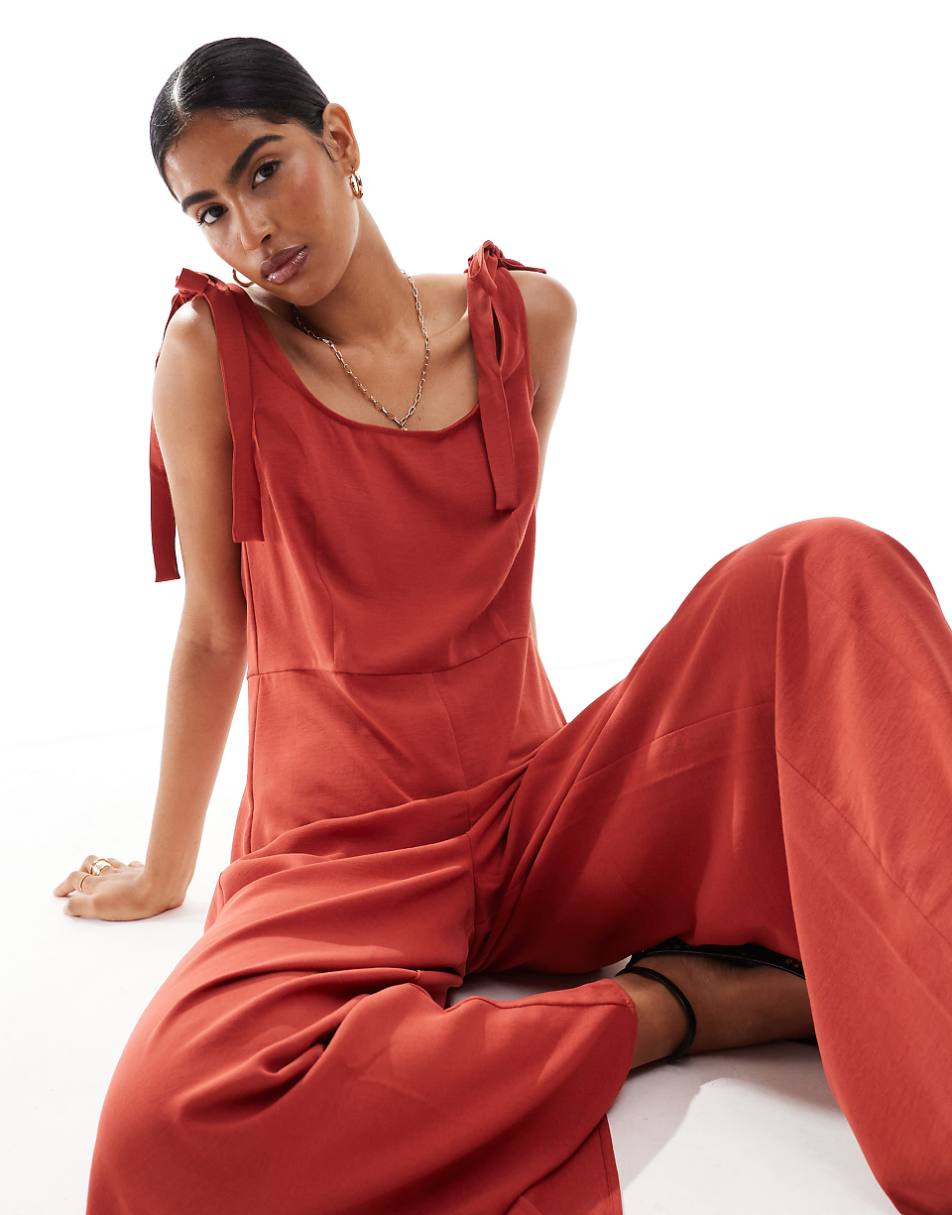 ASOS DESIGN cupro scoop neck wide leg jumpsuit with tie details in terracotta